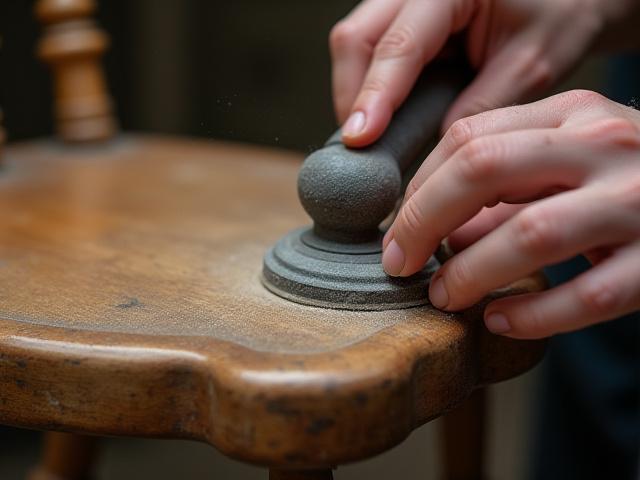Detalj av en person som forsiktig restaurerer et gammelt møbel