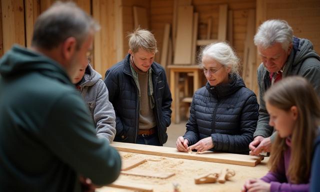 En gruppe som ser på tradisjonelt trearbeid ved Artifex Academy.