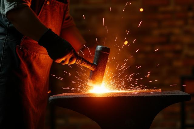 Blacksmith hammering hot metal on an anvil in a workshop