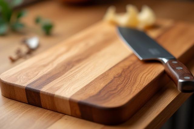 Beautifully finished custom wooden cutting board with a knife